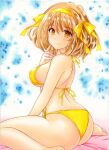  1girl ass bikini breasts brown_eyes brown_hair colored_pencil_(medium) covered_nipples hair_ribbon hairband looking_at_viewer medium_breasts nightmare77zx ribbon short_hair sitting smile solo suzumiya_haruhi suzumiya_haruhi_no_yuuutsu swimsuit traditional_media yellow_bikini yellow_ribbon 