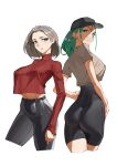  2girls ass bare_arms baseball_cap belt bike_shorts black_pants black_shorts breasts brown_eyes brown_hair crop_top crop_top_overhang cropped_legs crossed_legs green_eyes green_hair grey_hair groin hat highres huge_breasts legs_apart light_blush long_hair long_sleeves looking_at_viewer looking_back medium_hair midriff multiple_girls original pants parted_lips perky_breasts red_shirt ribbed_shirt shirt short_hair shorts simple_background sweater tbocart tight_clothes tight_pants twisted_torso unamused white_background 