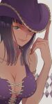  1girl armlet blue_eyes blunt_bangs commentary crop_top cross-laced_clothes cross-laced_top english_commentary eyeshadow finger_on_hat looking_at_viewer makeup medium_hair nico_robin one_piece orange_eyeshadow purple_headwear purple_shirt shirt simple_background smile solo szk_(szkintama) upper_body 