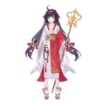  1girl ahoge benghuai_xueyuan black_hair blue_eyes full_body hair_ornament hairband holding holding_staff honkai_(series) japanese_clothes long_hair official_art sandals shion_(benghuai_xueyuan) solo staff tabi third-party_source transparent_background 