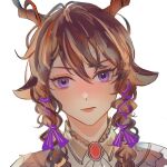  animal_ears arknights braid brown_hair character_request check_character closed_mouth collared_shirt ebenholz_(arknights) flower hair_between_eyes hair_flower hair_ornament hair_ribbon highres honeywilde horns long_hair looking_at_viewer petals pink_flower portrait purple_eyes purple_ribbon ribbon shirt simple_background smile solo twin_braids upper_body white_background white_shirt 