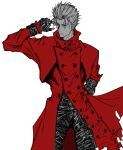  1boy alternate_hair_color alternate_hairstyle black_gloves black_pants boots coat cowboy_western fingerless_gloves gloves jacket limited_palette long_coat looking_to_the_side male_focus mechanical_arms pants red_coat red_jacket science_fiction simple_background single_mechanical_arm spiked_hair spot_color standing trigun vash_the_stampede white_background zenvowax10 