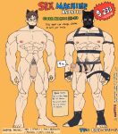  1boy abs android animal_ears arm_strap bara brown_hair cat_boy cat_ears cat_tail chest_harness cx-330_(tenji) english_text erection fingerless_gloves full_body glasses gloves half-erect harness highres large_pectorals male_focus male_pubic_hair mask mask_on_head multiple_views muscular muscular_male nipples original pectorals pubic_hair short_hair simple_background tail tenji_(tenji_89) thick_eyebrows thigh_strap toeless_footwear yellow_background 