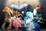  1boy backpack bag black_shirt dark_skin dark_skinned_male gen_7_pokemon hand_in_pocket haneten_kagatsu holding holding_poke_ball kommo-o lurantis magnezone poke_ball pokemon pokemon_(game) pokemon_sm primarina shirt shoes shorts sneakers t-shirt toucannon vikavolt white_hair you_(pokemon) 