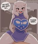 absurd_res anthro big_breasts blush bodily_fluids boss_monster bovid breasts caprine clothed clothing cute_fangs dialogue female floppy_ears goat hi_res horn inviting long_ears looking_at_viewer mammal mature_female rope sataenart seductive sitting smile solo sweat toriel undertale undertale_(series)