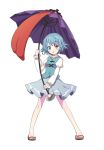  1girl aqua_vest bangs blue_eyes blue_skirt blush breasts eyebrows_visible_through_hair frilled_shirt_collar frilled_sleeves frills geta heterochromia highres holding holding_umbrella juliet_sleeves karakasa_obake light_blue_hair long_sleeves looking_at_viewer no_socks outline puffy_sleeves red_eyes reflective_eyes shiny shiny_skin shirt short_hair simple_background skirt skirt_lift small_breasts smile solo tatara_kogasa tatuhiro toes tongue touhou umbrella wavy_hair white_background white_shirt 