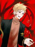  1boy atou_haruki black_jacket blonde_hair blood blood_on_clothes blood_on_face brown_sweater chinese_commentary commentary_request fang hand_up highres jacket long_sleeves male_focus open_clothes open_jacket open_mouth qingherekeke red_eyes ribbed_sweater saibou_shinkyoku short_hair smile solo sweater thorns turtleneck turtleneck_sweater upper_body 