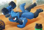 2023 2d_animation animated anthro bottle breath container dumbbell exercise fur generation_4_pokemon gym hi_res inside loop male muscular muscular_anthro muscular_male nintendo nude one_arm_push-up open_mouth pokemon pokemon_(species) push-up riolu shadow short_playtime solo tuft waddledox weightlifting weights workout
