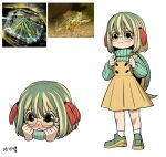  1girl :&lt; black_eyes blonde_hair blush child colored_sclera creature_and_personification full_body gegegekman green_footwear green_hair green_sclera green_sweater hair_between_eyes highres long_sleeves multicolored_hair multicolored_sclera multiple_views original photo_inset red_hair reference_inset shy signature skirt socks streaked_hair suspender_skirt suspenders sweater tail turtle turtle_girl turtle_shell turtleneck turtleneck_sweater white_background white_socks yellow_sclera 