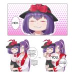  2girls absurdres anya&#039;s_heh_face_(meme) aroevela bow bright_pupils commentary english_commentary english_text hat hat_bow highres japanese_clothes kimono looking_at_viewer meira_(touhou) meme multiple_girls nagae_iku outline pointing pointing_at_viewer ponytail purple_eyes red_bow red_eyes speech_bubble spy_x_family touhou touhou_(pc-98) white_kimono white_outline white_pupils 