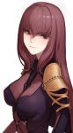  1girl amo_(silent_bomb19) bodysuit breasts closed_mouth fate/grand_order fate_(series) hair_between_eyes impossible_bodysuit impossible_clothes large_breasts light_smile long_hair looking_at_viewer purple_bodysuit red_eyes red_hair scathach_(fate)_(all) scathach_(fate/grand_order) shoulder_armor simple_background skin_tight solo spaulders upper_body white_background 