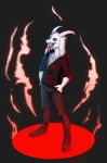 abstract_background anthro black_sclera bovid caprine clothing fur goat gospod hi_res horn jacket looking_at_viewer male mammal mmorgulus slipknot solo tongue tongue_showing topwear white_body white_fur