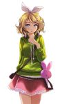  1girl :o arm_behind_back bangs blonde_hair blue_eyes bow collarbone cowboy_shot green_sweater hair_bow hair_ornament hairband hairclip headphones headphones_around_neck highres hood hood_down hooded_sweater kagamine_rin layered_skirt looking_at_viewer melancholic_(vocaloid) miniskirt pink_skirt shiny shiny_hair short_hair simple_background skirt solo standing sweater swept_bangs tsukishiro_saika vocaloid white_background white_bow white_hairband x_hair_ornament 
