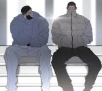  2boys black_eyes black_hair buzz_cut couple covered_mouth feet_out_of_frame fukatsu_kazunari hand_on_own_face hands_in_pockets highres jacket male_focus multiple_boys ood_do0 sawakita_eiji short_hair sitting sitting_on_stairs slam_dunk_(series) stairs undercut very_short_hair winter_clothes yaoi 