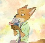  abstract_background anthro bottomwear brown_body brown_fur canid canine clothed clothing disney fox fully_clothed fur holding_object mammal monmokamoko necktie nick_wilde pants red_fox shirt solo topwear zootopia 