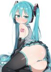 1girl :o aqua_eyes aqua_hair ass bare_shoulders black_skirt black_thighhighs blue_panties blush detached_sleeves dot_nose grey_shirt hair_between_eyes hands_on_ground hatsune_miku headset highres jitome long_hair looking_at_viewer looking_back lying maud0239 miniskirt on_side open_mouth panties shirt simple_background sitting skirt sleeveless sleeveless_shirt solo striped_clothes striped_panties sweatdrop tattoo thighhighs twintails underwear upskirt very_long_hair vocaloid white_background 