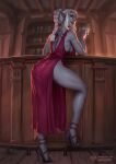  1girl archilen_othreleth artist_name ass back_tattoo bar_(place) black_footwear braid braided_ponytail breasts colored_skin dark_elf dress drink elf grey_skin high_heels indoors leaning leaning_forward leg_lift legs long_hair looking_at_viewer looking_back patreon_username pointy_ears quasart red_dress red_eyes revealing_clothes seductive_smile side_slit sideboob smile solo spider_tattoo stiletto_heels tattoo the_elder_scrolls toeless_footwear toned watermark web_address white_hair wide_hips 