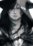  1boy alchimie animal_hood black_hair clive_rosfield cloak collarbone facial_hair final_fantasy final_fantasy_xvi hair_between_eyes hair_over_one_eye highres hood hood_up hooded_cloak looking_at_viewer male_focus messy_hair monochrome parted_lips pectorals scar scar_on_cheek scar_on_face solo spot_color upper_body white_background 