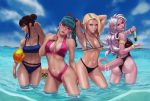  1boy 4girls android_18 android_21 armlet armpits arms_up ass bald ball beachball bikini black_hair blue_hair bracelet braid breasts bulma chi-chi_(dragon_ball) dragon_ball dragon_ball_fighterz dragon_ball_z g21mm hair_bun jewelry lotion multiple_girls muten_roushi navel old_man parted_lips pink_skin silver_hair stomach sunglasses sunscreen swimsuit tail toned wet 