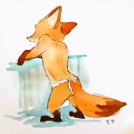  1:1 anthro asian_clothing barefoot butt canid canine clothing disney east_asian_clothing fox fundoshi fur hi_res japanese_clothing leg_markings male mammal markings monmokamoko nick_wilde orange_body orange_fur painting_(artwork) red_fox socks_(marking) solo traditional_media_(artwork) underwear watercolor_(artwork) zootopia 