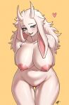 &lt;3 absurd_res anthro big_breasts blue_eyes bovid breasts caprine cursedanchovy female floppy_ears front_view fur genitals goat hair hands_behind_back hi_res horizontal_pupils huge_breasts long_ears looking_at_viewer mammal nude pupils pussy simple_background smile solo thigh_gap vanilla_(buta99) white_body white_fur white_hair yellow_background