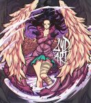  1girl black_gloves black_hair blue_dress blue_eyes coat commentary crossed_arms dress english_commentary floating_hair fur_collar gloves highres long_coat long_hair looking_at_viewer lydart_mclo nico_robin one_piece pink_coat short_dress sidelocks smile solo wings 