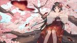  black_eyes black_hair butterfly cherry_blossoms flowers houraisan_chouko japanese_clothes long_hair miko original petals tree 