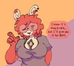 anthro between_breasts big_breasts bra braix7_(artist) breasts card cleavage clothed clothing coral_(braix7) ear_piercing eyewear female fur generation_3_pokemon glasses hair hi_res nerd nintendo piercing pokemon pokemon_(species) red_body red_fur red_hair shirt short_hair simple_background solo speech_bubble spinda text topwear underwear