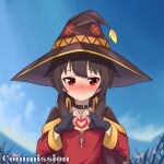  1girl absurdres black_gloves blue_sky blush brown_cape brown_hair brown_headwear cape dress embarrassed fingerless_gloves gloves hat heart heart_hands highres kono_subarashii_sekai_ni_shukufuku_wo! lyourika megumin nose_blush outdoors red_dress red_eyes short_hair_with_long_locks sky solo witch witch_hat 