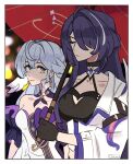  2girls acheron_(honkai:_star_rail) aqua_eyes bare_shoulders black_choker choker closed_eyes clouvu coat commentary grey_hair hair_over_one_eye highres holding holding_umbrella honkai:_star_rail honkai_(series) long_hair long_sleeves looking_at_viewer multicolored_hair multiple_girls purple_choker purple_hair red_umbrella robin_(honkai:_star_rail) streaked_hair umbrella upper_body white_coat white_hair 