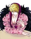  1boy blonde_hair cigarette coat donquixote_rocinante fur_coat heart heart_print hood lipstick long_sleeves looking_at_viewer makeup male_focus one_piece onepiece_tabby pectoral_cleavage pectorals red_hood sanpaku short_hair smeared_lipstick smile smoking solo tsurime upper_body 