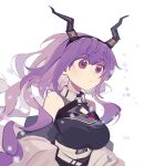  1girl arknights arms_at_sides bare_shoulders black_shirt breasts chihuo_pinpan cleavage_cutout clothing_cutout fake_horns hair_between_eyes highres horn_hairband horns jacket large_breasts looking_ahead low_twintails o-ring off_shoulder open_clothes open_jacket parted_lips purple_hair raised_eyebrows red_eyes shirt sidelocks simple_background solo twintails typhon_(arknights) upper_body white_background white_jacket 