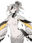  1girl bird_legs bird_tail black_feathers blush breasts closed_eyes commentary english_commentary eyepatch feathered_wings feathers grey_feathers grey_hair grey_wings hair_up harpy head_wings highres inverted_nipples medical_eyepatch medium_breasts monster_girl navel nude original parted_lips pussy short_hair_with_long_locks sidelocks simple_background solo tail topopopokoko twitter_username uncensored white_background winged_arms wings 