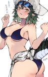  1girl arknights ass bikini blue_bikini breasts clothes_around_waist crocodilian_tail gavial_(arknights) gavial_the_invincible_(arknights) gavial_the_invincible_(holiday)_(arknights) green_hair hat highres kyuu_(plastic_night_q) large_breasts long_hair octagonal_eyewear open_mouth simple_background solo sunglasses swimsuit tail translation_request tricorne white_background white_headwear yellow_eyes 