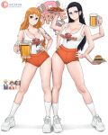 2girls 3boys absurdres alcohol arm_tattoo beer beer_mug black_hair blue_eyes brand_name_imitation breasts burger cleavage cup dismaiden extra_arms food hands_on_own_hips highres holding holding_plate hooters kneehighs large_breasts long_hair micro_shorts money monkey_d._luffy mug multiple_boys multiple_girls nami_(one_piece) nico_robin one_piece orange_eyes orange_hair plate sanji_(one_piece) shorts simple_background socks tank_top tattoo tony_tony_chopper usopp white_background white_footwear white_socks white_tank_top 