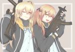  2girls :d bangs black_gloves black_jacket black_ribbon blonde_hair commentary_request cube85 eyebrows_visible_through_hair fang fingerless_gloves girls_frontline gloves grey_background grin gun hair_between_eyes hair_ornament hair_ribbon hairclip hand_up highres holding holding_gun holding_weapon jacket long_hair long_sleeves looking_at_viewer multiple_girls one_eye_closed one_side_up open_clothes open_jacket open_mouth outside_border ribbon rifle scar scar_across_eye shirt sidelocks simple_background smile submachine_gun trigger_discipline ump45_(girls_frontline) ump9_(girls_frontline) upper_body weapon white_shirt yellow_eyes 