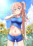  1girl blue_eyes blue_shorts blue_sky blue_tank_top boku_to_kanojo_no_onani_life closed_mouth cloud cloudy_sky commentary_request cowboy_shot cropped_shirt day flower groin hair_ornament hairclip light_brown_hair looking_at_viewer medium_hair midriff naomi_(boku_to_kanojo_no_onani_life) navel open_fly outdoors second-party_source short_shorts shorts side-tie_shorts sky smile solo spice_mega standing sunflower sunlight sweat tank_top white_sister_ram wiping_sweat yumehiko 