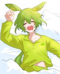  1girl =_= alternate_costume blanket blush collarbone commentary cowboy_shot drooling facing_viewer from_above green_hair green_pajamas green_shirt hand_up highres long_hair long_sleeves low_ponytail lying messy_sleeper midriff_peek mouth_drool on_back open_mouth pajamas pillow round_teeth shiino_(shi_no_q) shirt sleeping solo symbol-only_commentary teeth voicevox zundamon 