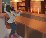  alcohol bar beverage blue_eyes breast_growth canid canine clothed clothing detailed_background female fox gender_transformation mammal tagme transformation 