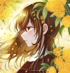  1girl blush brown_hair expressionless flower from_side gold_osmanthus hair_flower hair_ornament highres long_hair original portrait profile solo suzuko_(suzukosz) sweater yellow_eyes 