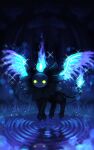 absurd_res black_body black_fur detailed_background feral fire flaming_hair flaming_mane flaming_wings fur glowing glowing_eyes hi_res maraith mask murasakigezi pal_(species) palworld pseudo_hair pseudo_mane reflection solo water wings