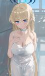  1girl bare_shoulders blonde_hair blue_archive blue_eyes blush braid breasts choker cleavage collarbone dema_hmw dress earrings french_braid halo highres jewelry large_breasts long_hair looking_at_viewer solo toki_(blue_archive) wet white_dress 