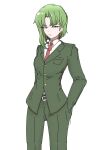  alternate_costume asymmetrical_hair belt_buckle buckle buttons green_eyes green_hair green_jacket green_pants highres jacket marinne no_headwear pants red_tie shiki_eiki shirt suit suit_jacket touhou white_shirt 