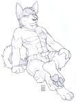  2011 4_toes anthro belt canid canine canis clothed clothing crossed_legs domestic_dog greyscale husky looking_at_viewer male mammal monochrome muscular muscular_male nordic_sled_dog pawpads reclining rick_griffin simple_background smile smirk snowdrift_(barragezero) solo spitz toes traditional_media_(artwork) under_armour white_background 