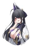  1girl ahoge artist_name azur_lane black_hair blush breasts coat cosplay cropped_torso hair_over_one_eye hand_on_own_cheek hand_on_own_face highres large_breasts long_hair looking_at_viewer open_mouth red_eyes simple_background smile solo taihou_(azur_lane) twitter_username unzen_(azur_lane) unzen_(azur_lane)_(cosplay) very_long_hair white_background white_coat yorugami_rei 