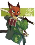  2018 anthro brown_body brown_fur canid canine cheek_tuft clothed clothing color_edit colored dipstick_ears disney edit facial_tuft fox fur green_eyes holding_object holding_sword holding_weapon looking_at_viewer mammal melee_weapon multicolored_ears nick_wilde notched_ear red_fox solo stormspike sword technical-error tuft weapon zootopia 