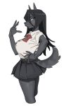  1girl animal_ears black_fur black_hair black_skirt blue_eyes bow bowtie breasts commentary furry furry_female hand_on_own_hip highres hutomayuu hutomayuuo large_breasts light_blush long_hair miniskirt original pawpads pleated_skirt red_bow red_bowtie school_uniform shirt short_sleeves skirt snout tail white_background white_shirt 