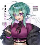  1girl acey black_jacket black_necktie blush breasts character_name collared_shirt finana_ryugu finana_ryugu_(3rd_costume) fishnets green_hair hair_between_eyes hair_ornament hairclip highres jacket looking_at_viewer medium_breasts navel necktie nijisanji nijisanji_en off_shoulder official_alternate_costume purple_eyes purple_shirt sharp_teeth shirt short_hair smile solo teeth window_(computing) 