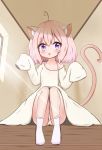  1girl absurdres ahoge animal_ear_fluff animal_ears bangs blush bobby_socks breasts cat_ears cat_girl cat_tail cleavage collarbone commentary_request day dress eyebrows_visible_through_hair hair_between_eyes highres indoors jiu_(sdesd3205) knees_up long_sleeves looking_at_viewer no_shoes off_shoulder original oversized_clothes panties parted_lips pink_hair purple_eyes sitting sleeves_past_fingers sleeves_past_wrists small_breasts socks solo sunlight tail tail_raised underwear white_dress white_legwear white_panties window 