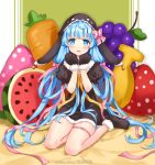  1girl animal_ears animal_hands animal_hat banana bell blue_eyes blue_hair blush boots bow carrot commentary dress fake_animal_ears food fruit fur-trimmed_boots fur-trimmed_dress fur-trimmed_gloves fur_collar fur_trim gloves grapes hair_ribbon hands_up hat long_hair low_twintails miu_(pixiv4149478) neck_ribbon open_mouth original paw_gloves rabbit_ears rabbit_hat ribbon short_dress short_sleeves sitting smile solo strawberry stuffed_food stuffed_toy thigh_strap twintails very_long_hair watermelon 